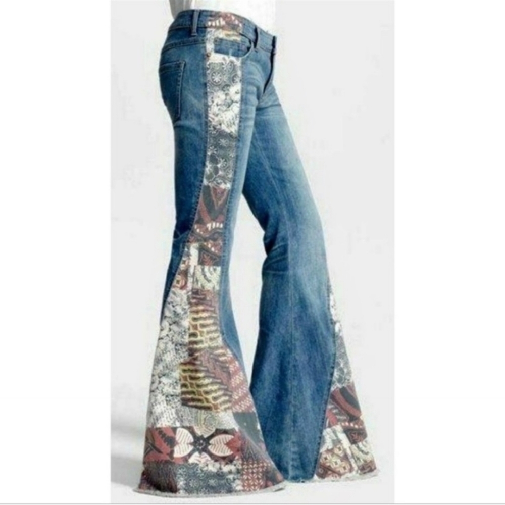 Free People Blue Denim Flare Jeans with Patchwork Panels